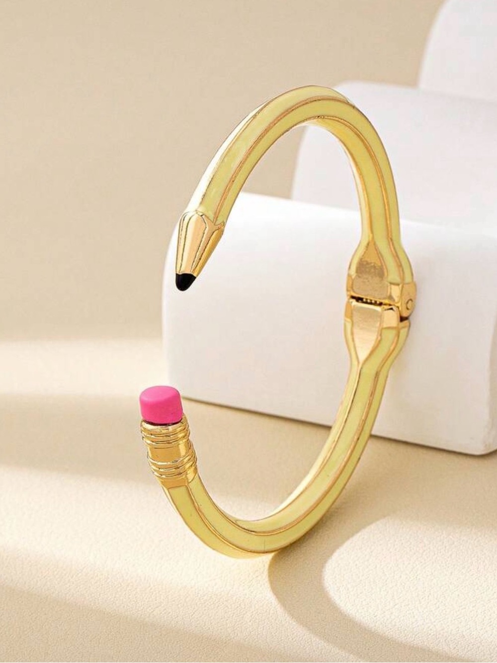 Gold Pencil Cuff Bracelet with Pink Eraser - Women's Jewelry